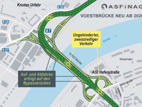 Neue Bypassbrücken in Linz auf Stadtplan visualisiert.