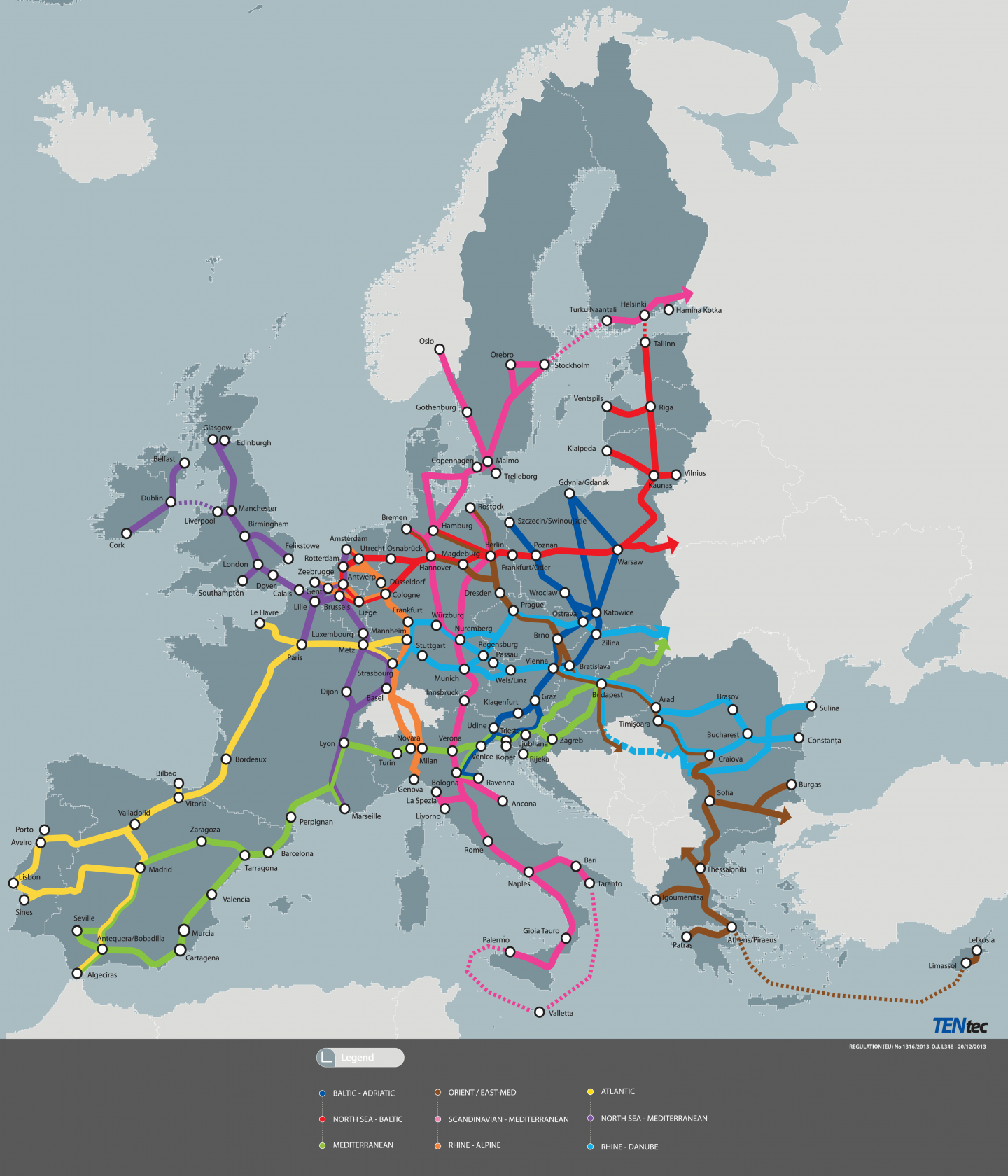 Ausbau des TEN-T-Netzes der EU visualisiert auf Europakarte.